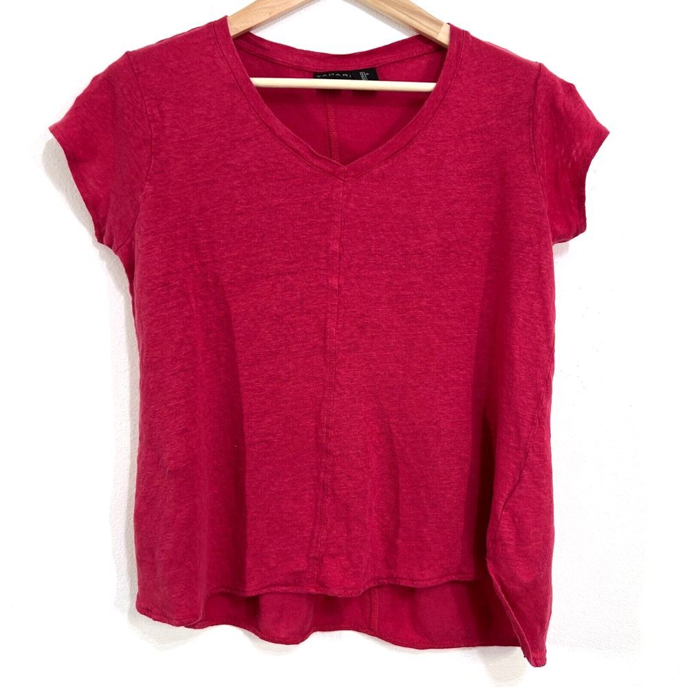 TAHARI Top 100% Linen Asymmetrical Knit Shirt Womens Large Red Minimalist Casual